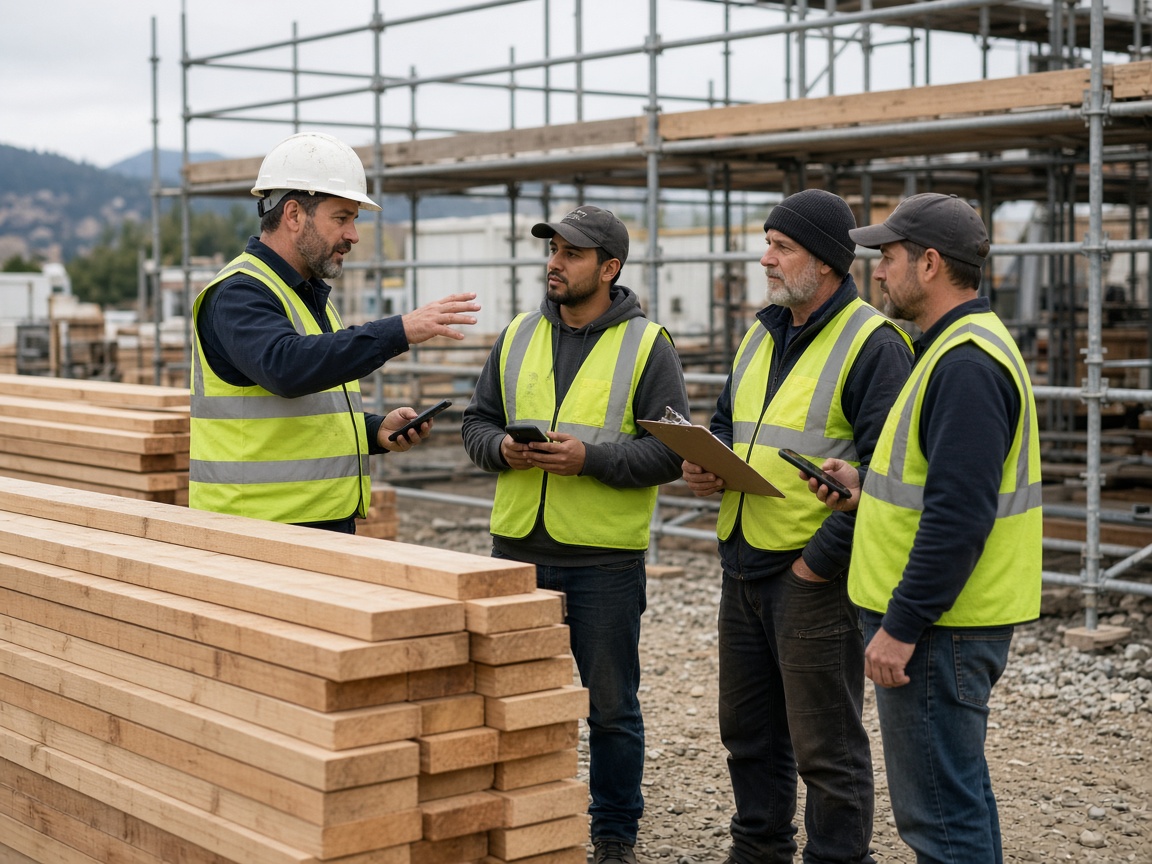 Foreman briefing the crew beside lumber on a jobsite