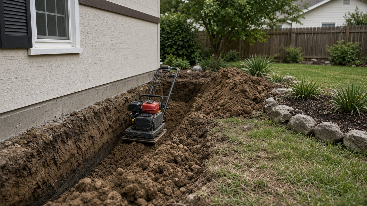 Backfill along a house foundation after pier work