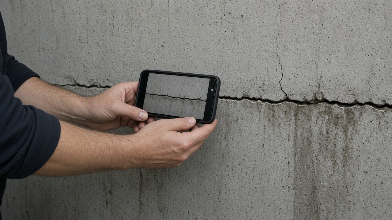 Technician photographing a crack in a concrete basement wall
