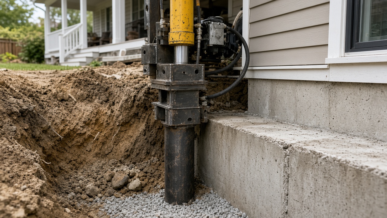 Steel push pier being installed beside an excavated house footing