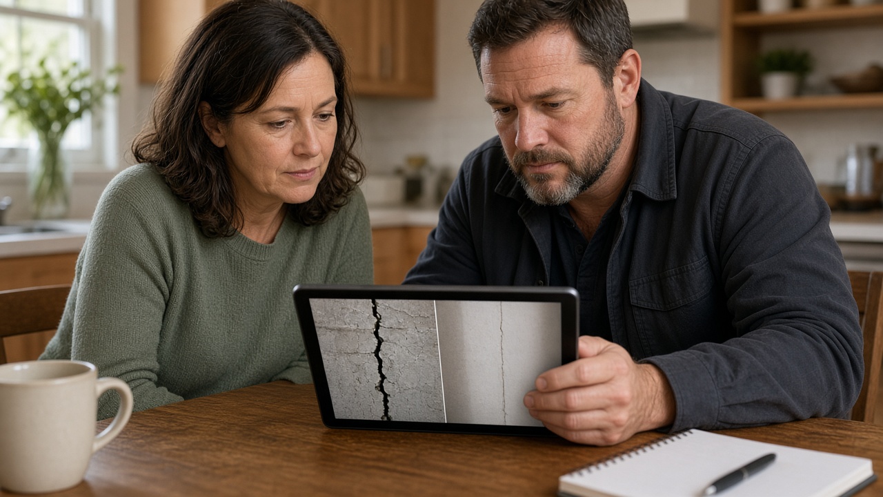 Homeowner and contractor reviewing foundation before and after photos on a tablet