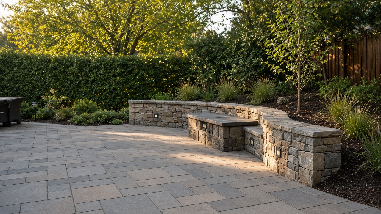 Finished hardscape patio with stone seating wall