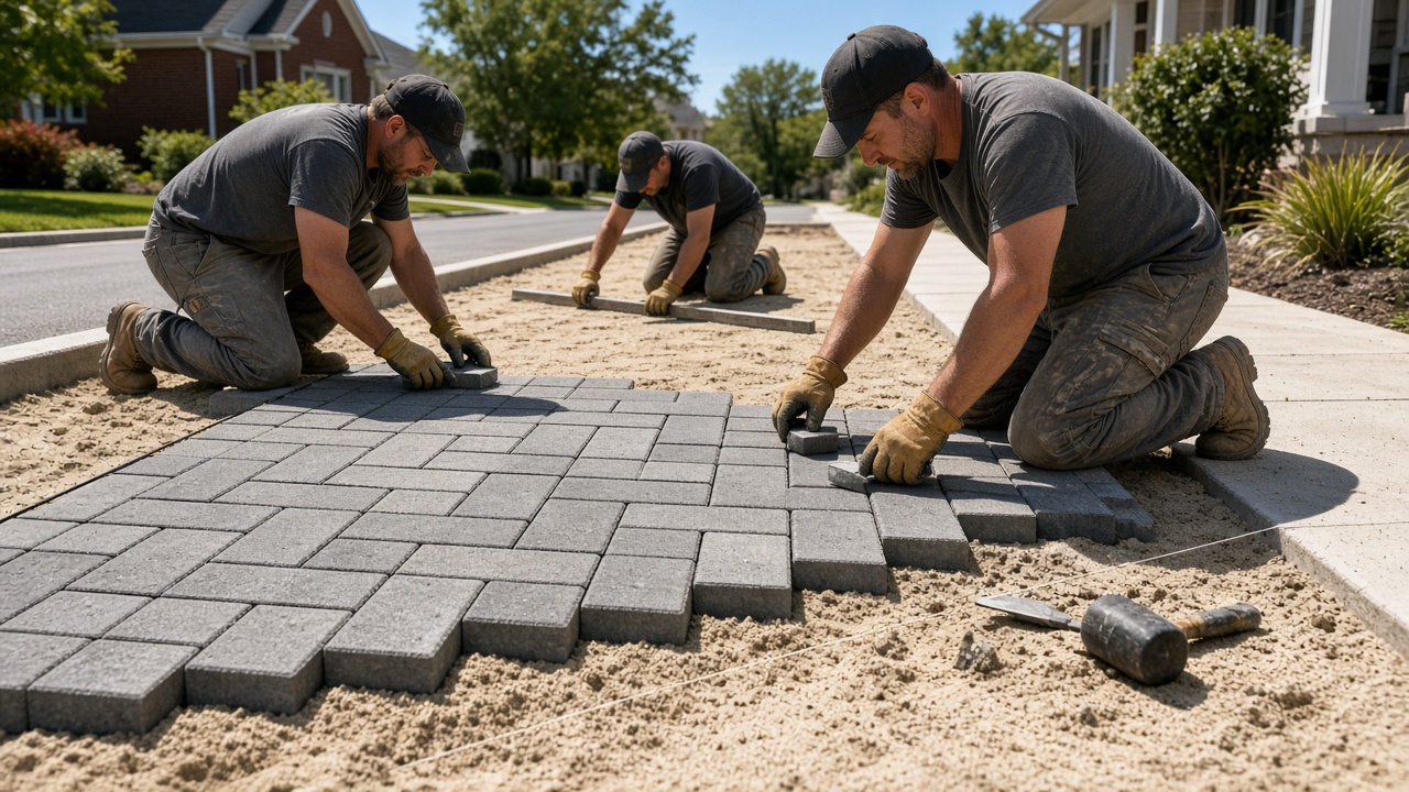 Crew setting interlocking pavers on a sand bed