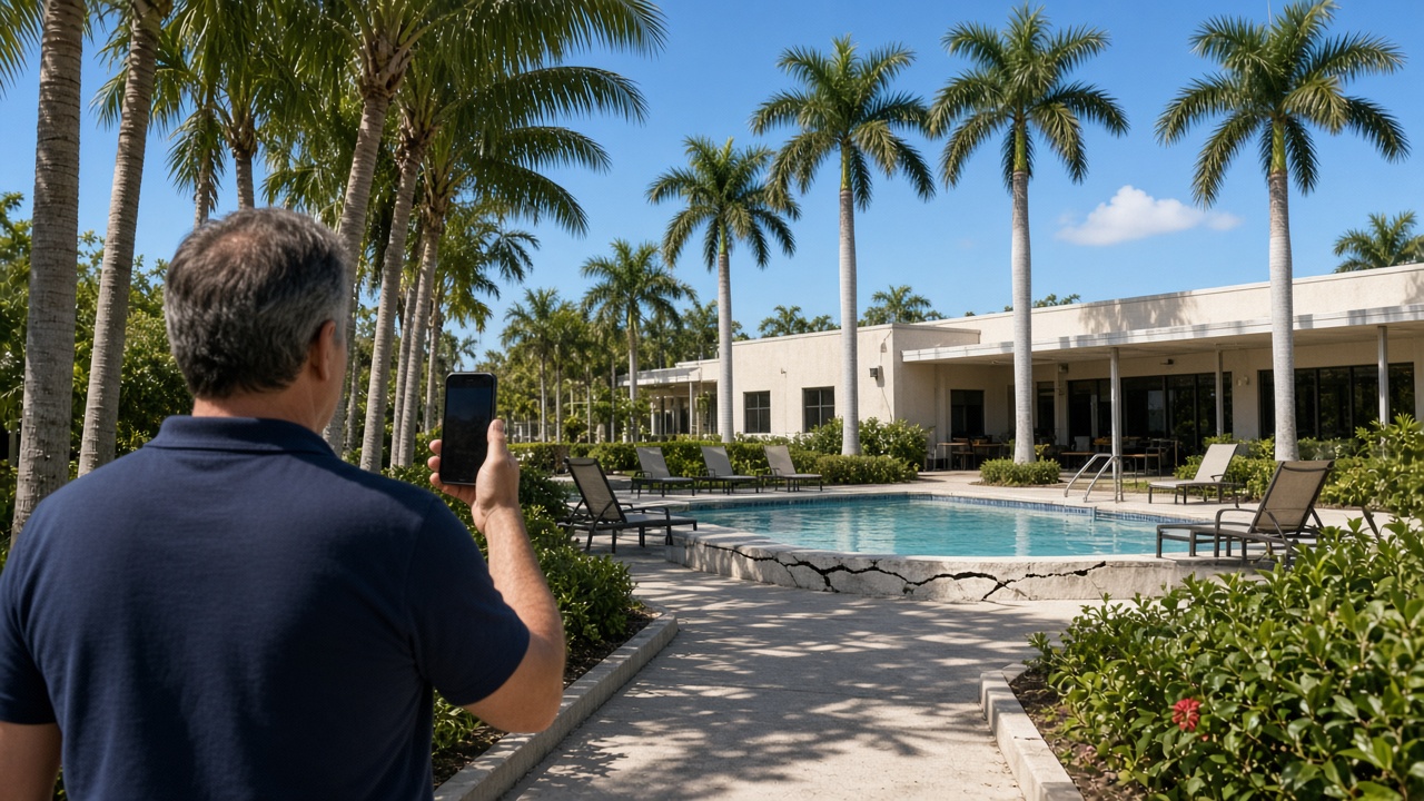 A community manager photographing a cracked pool deck at a palm-lined clubhouse