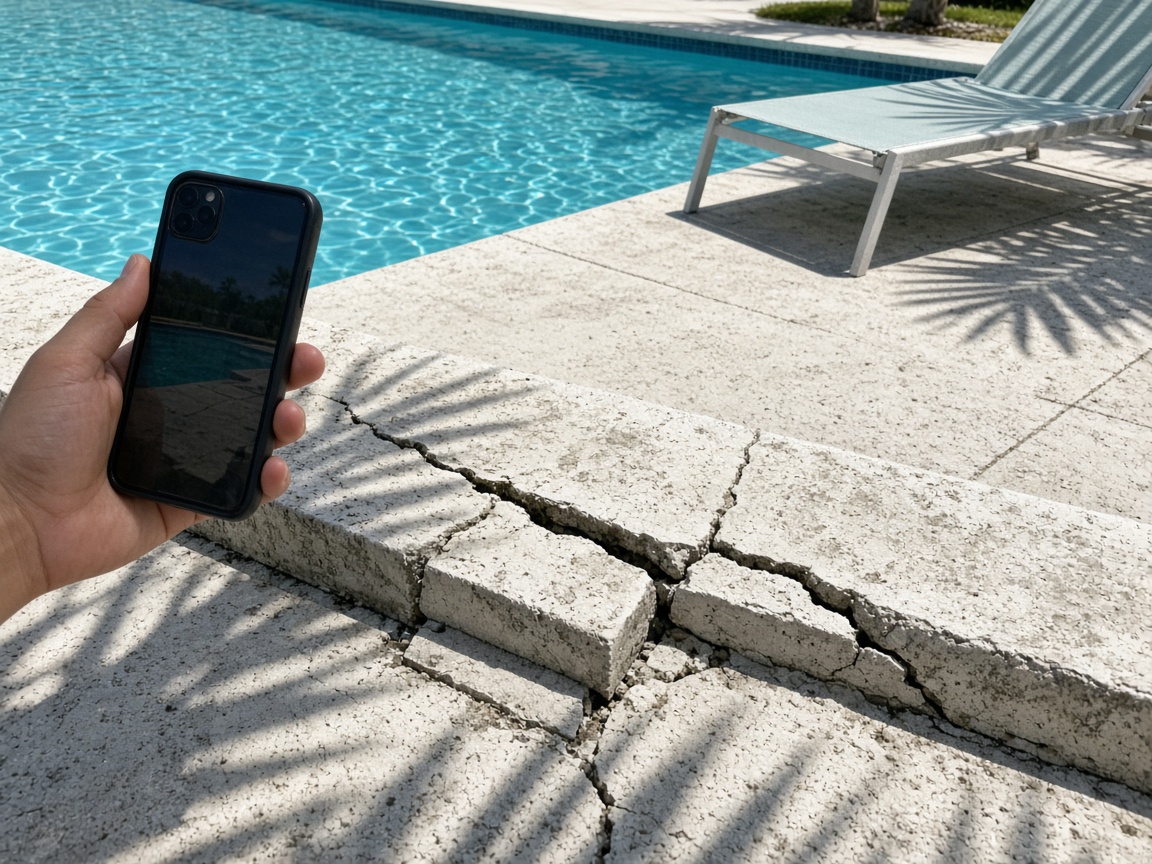 A hand photographing cracked pool coping and a loose paver