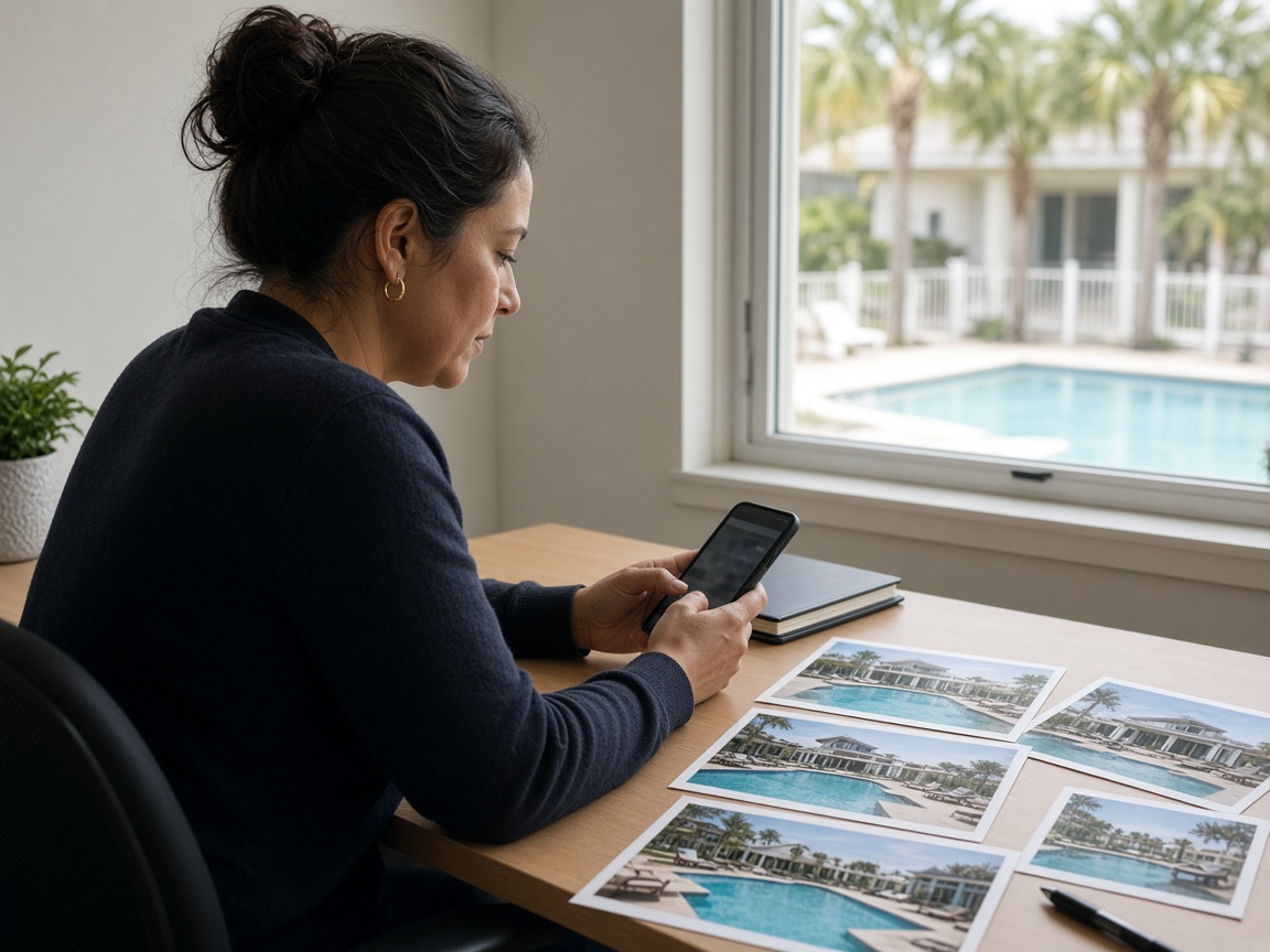 A manager at a community office sending a walk-through from her phone, with the pool outside