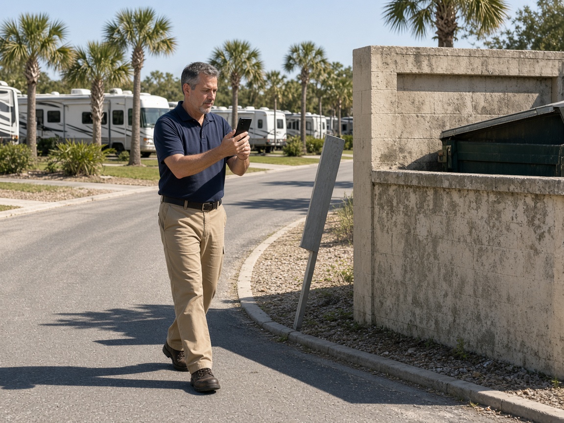 A manager recording a note while walking an RV resort loop