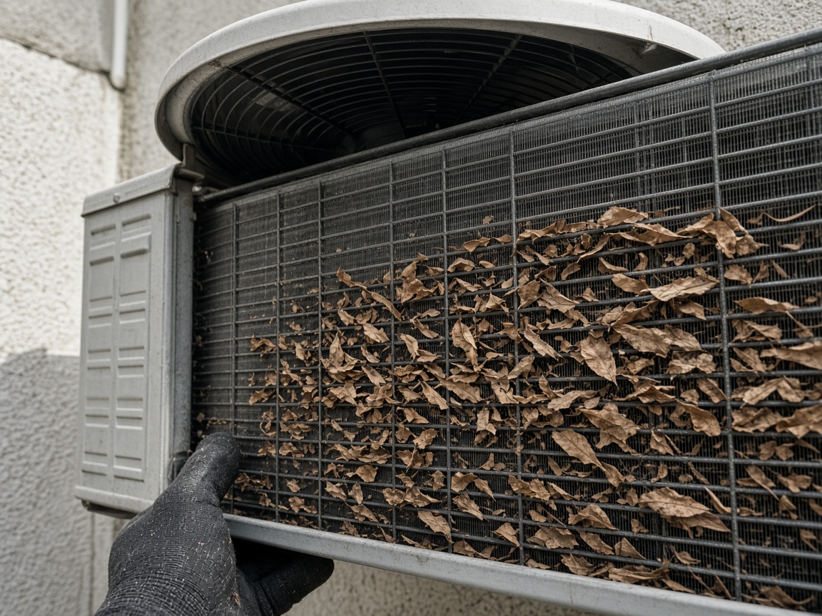 Outdoor HVAC condenser at a residential service stop