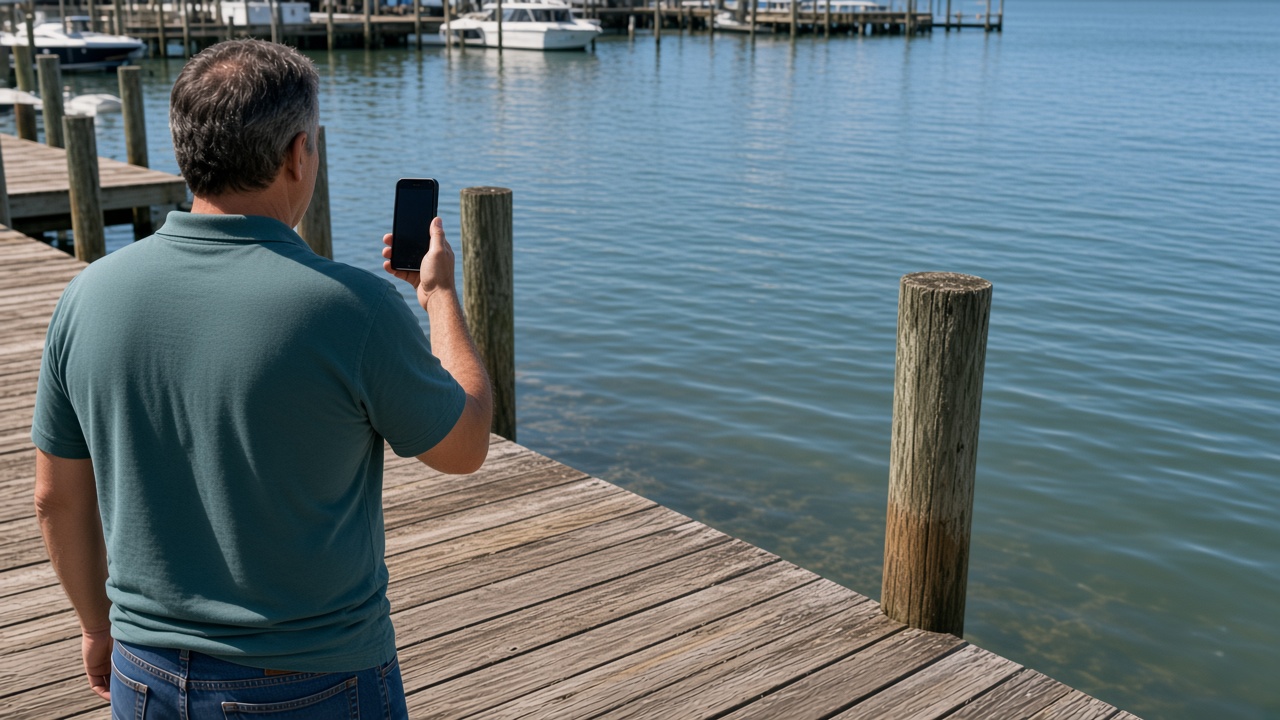 A marine contractor photographing weathered dock boards from a marina pier