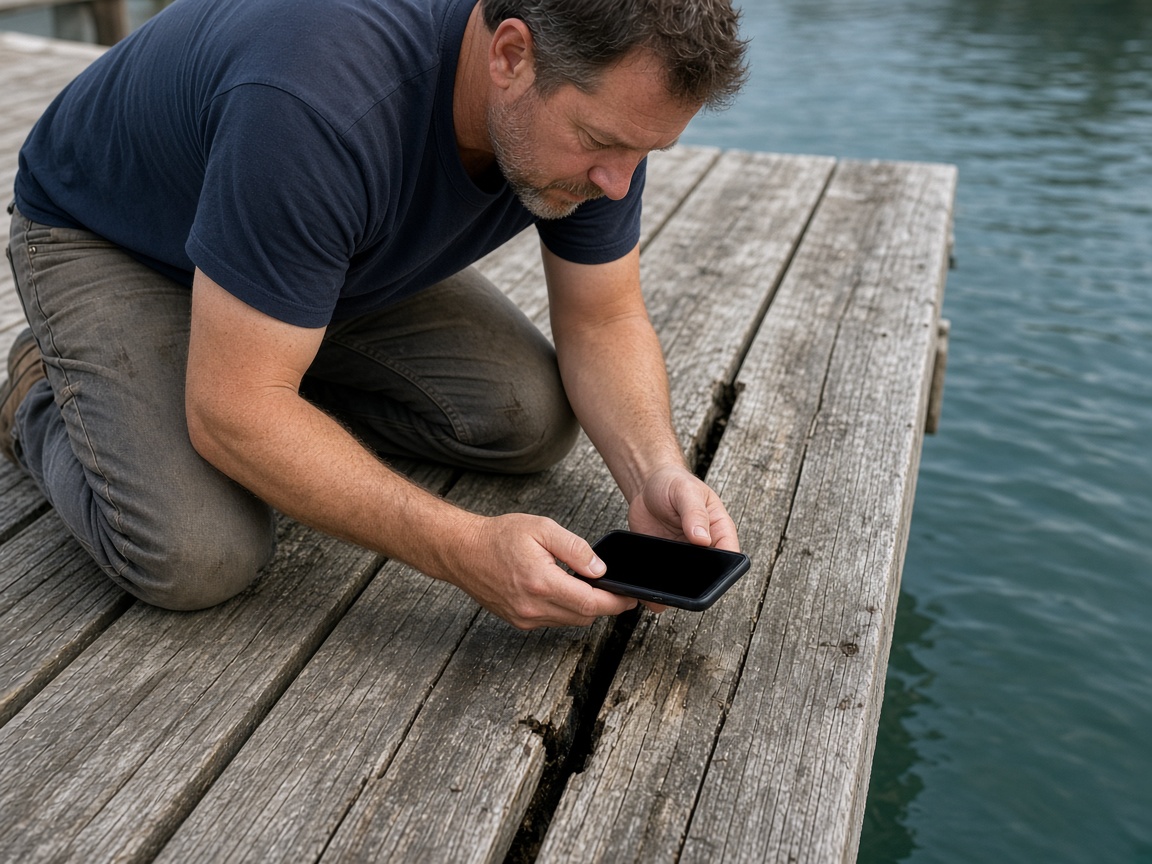 A contractor kneeling to photograph a split dock board