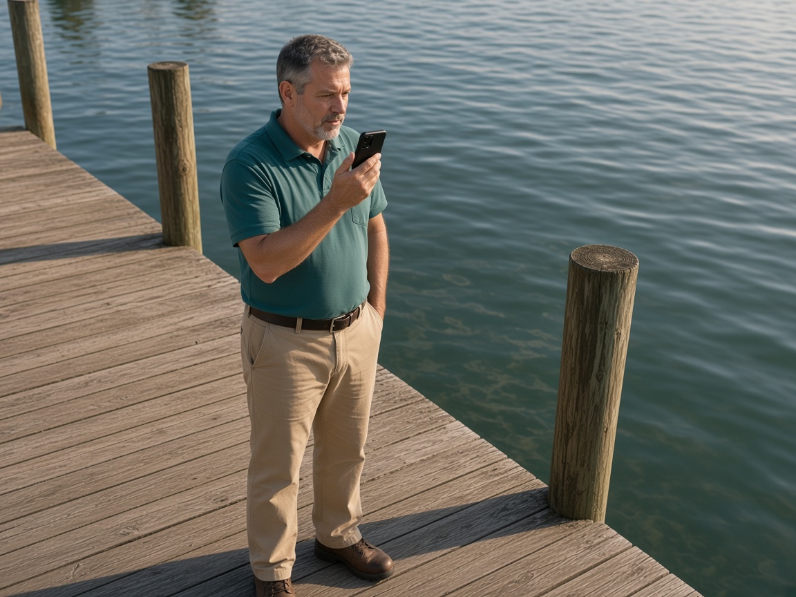 A contractor speaking a note on a quiet dock
