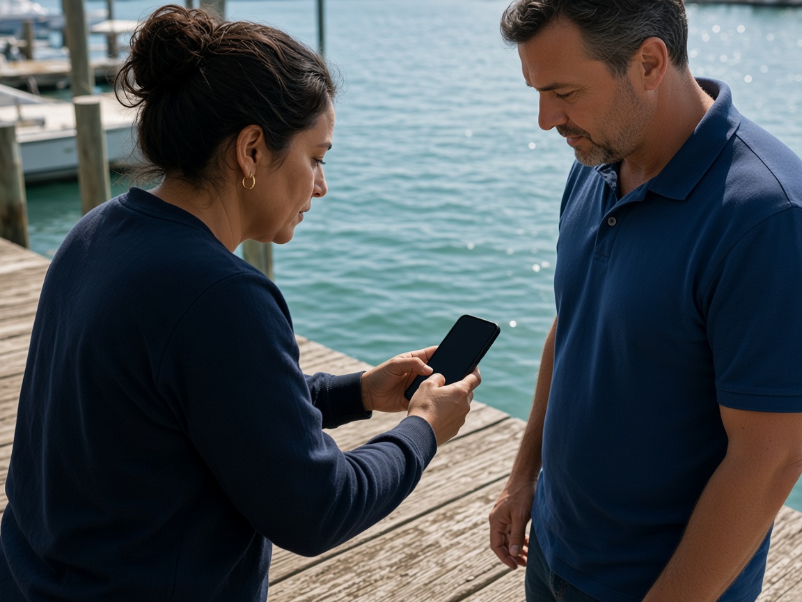 A contractor showing a phone to a marina manager on the dock