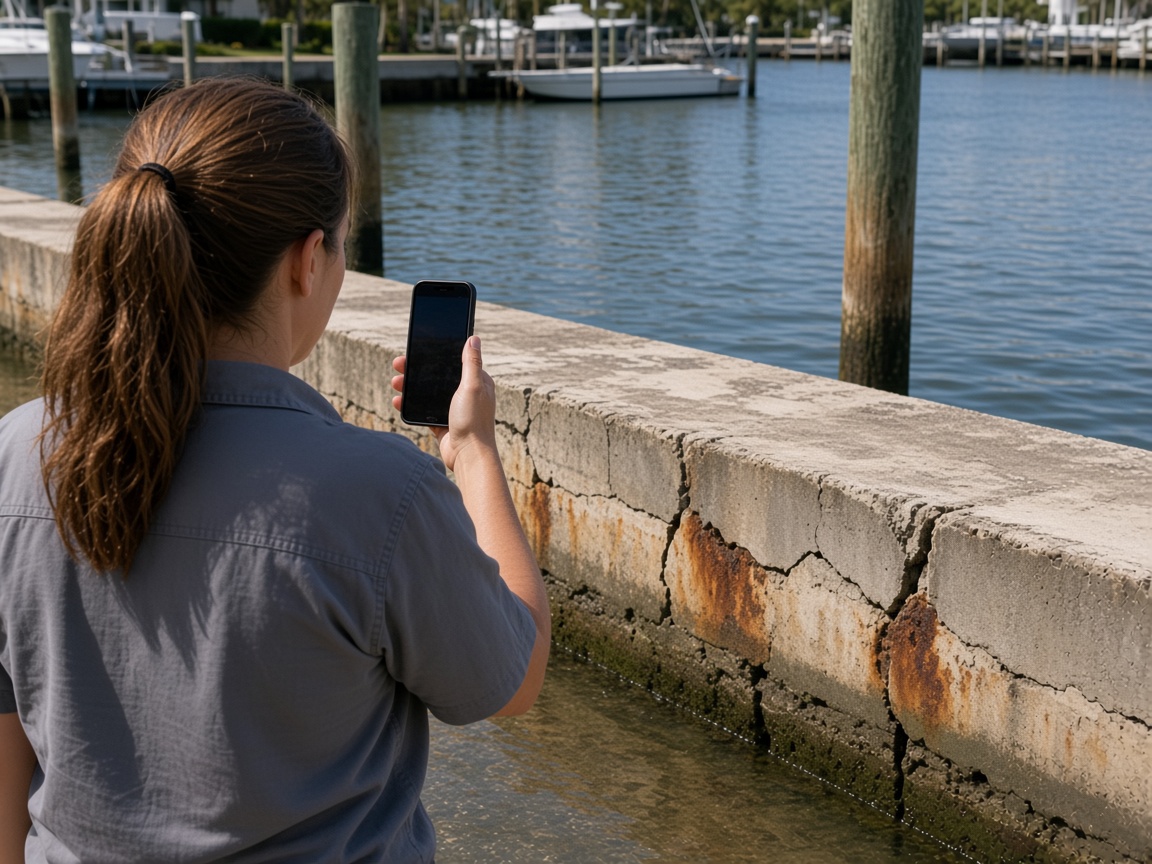 A contractor photographing cracks and rust on a concrete seawall