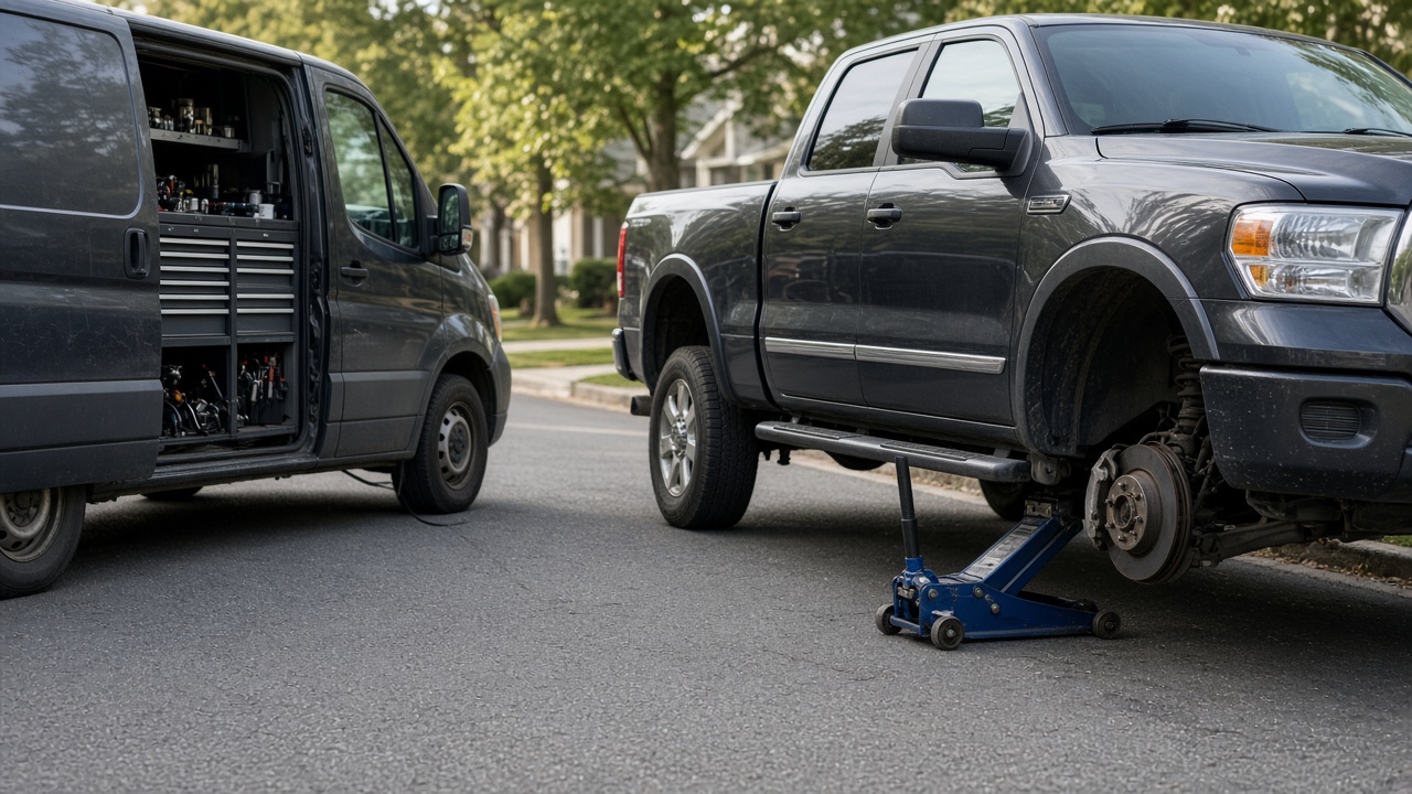 Van de mecánico móvil junto a una pickup en una calle suburbana