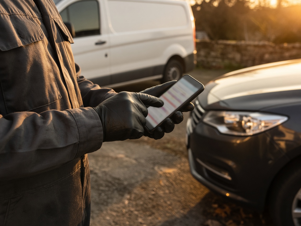 Mecánico móvil enviando una factura en el teléfono junto al auto y la van