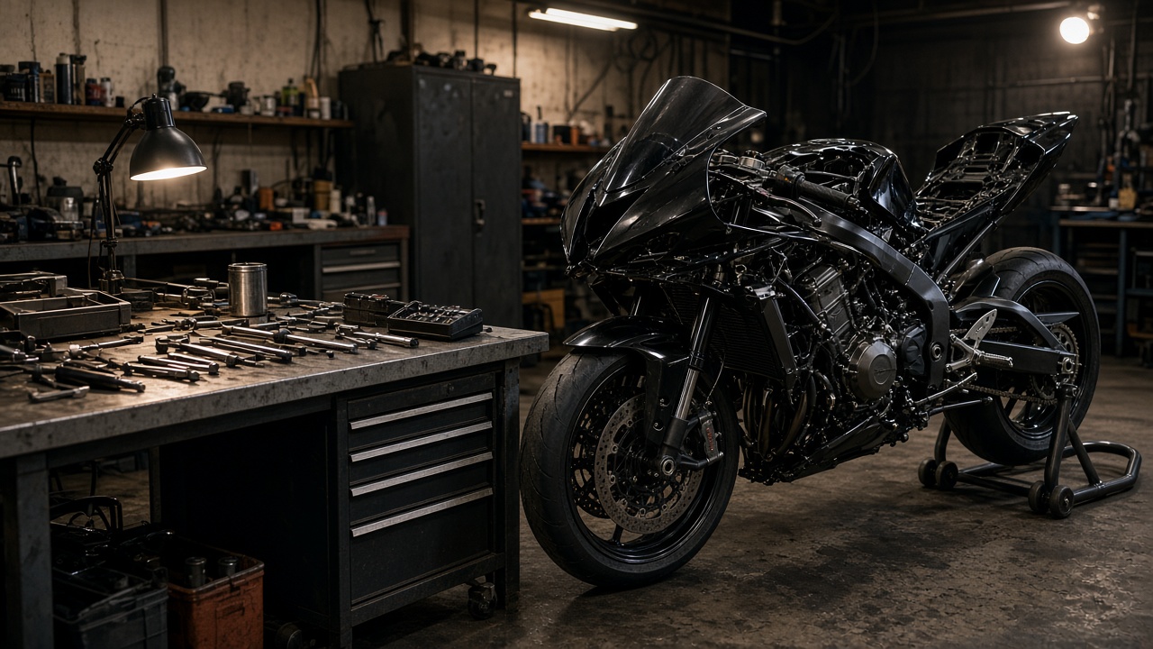 Sportbike on a rear stand in a motorcycle repair shop