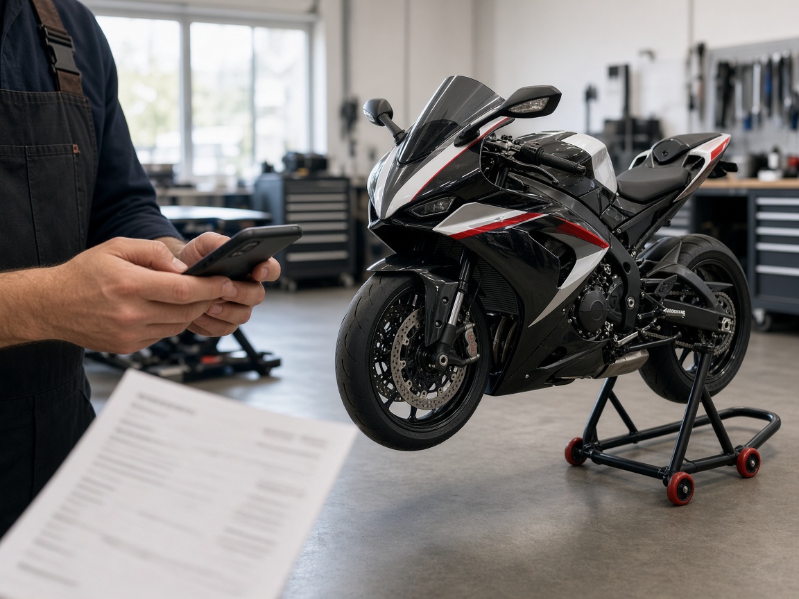 Motorcycle tech reviewing an invoice on a phone beside a finished sportbike