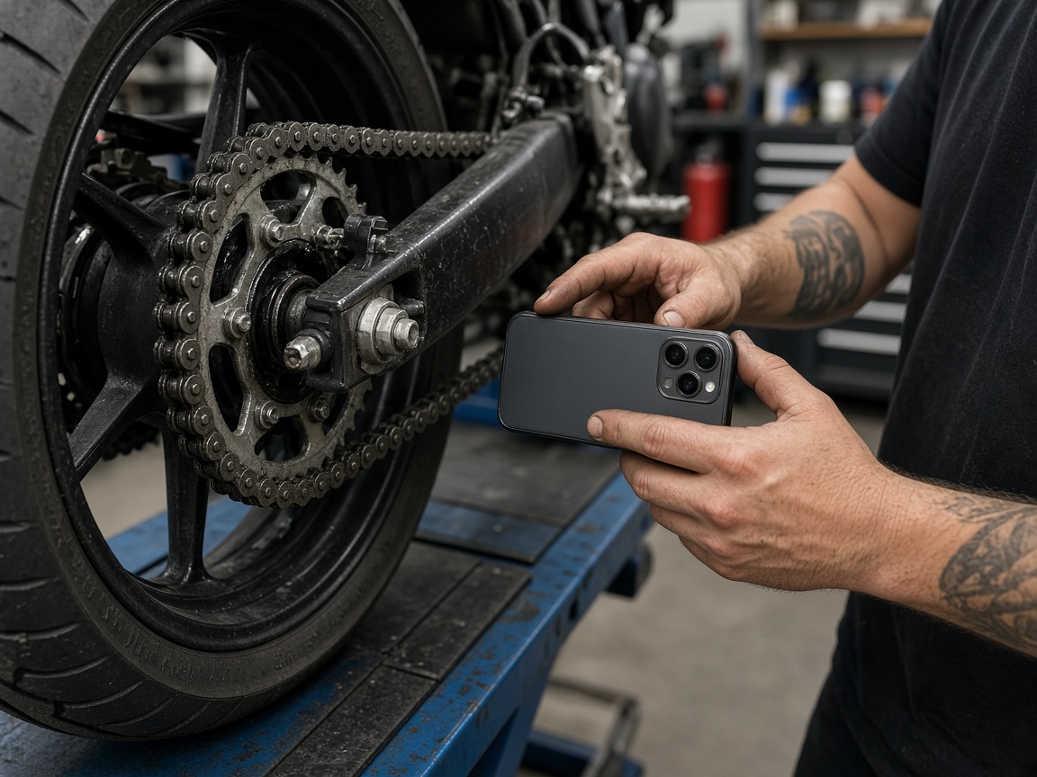 Mechanic photographing motorcycle chain and sprocket wear