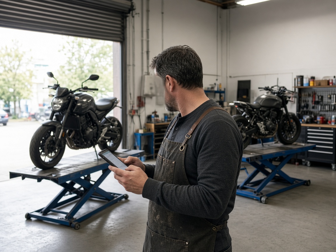Motorcycle shop checking the service schedule beside bikes on lifts