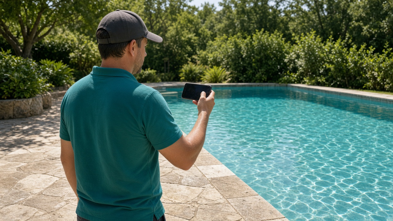 A pool technician photographing a residential pool from the stone deck