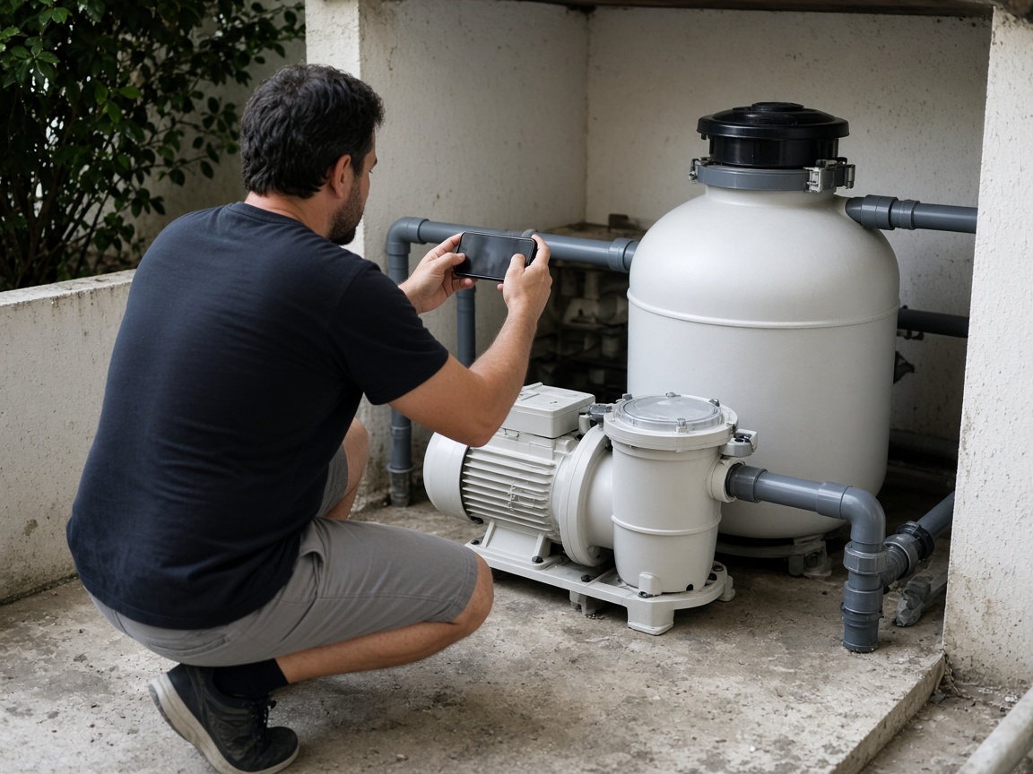 A technician photographing a pool pump and filter in an equipment pad