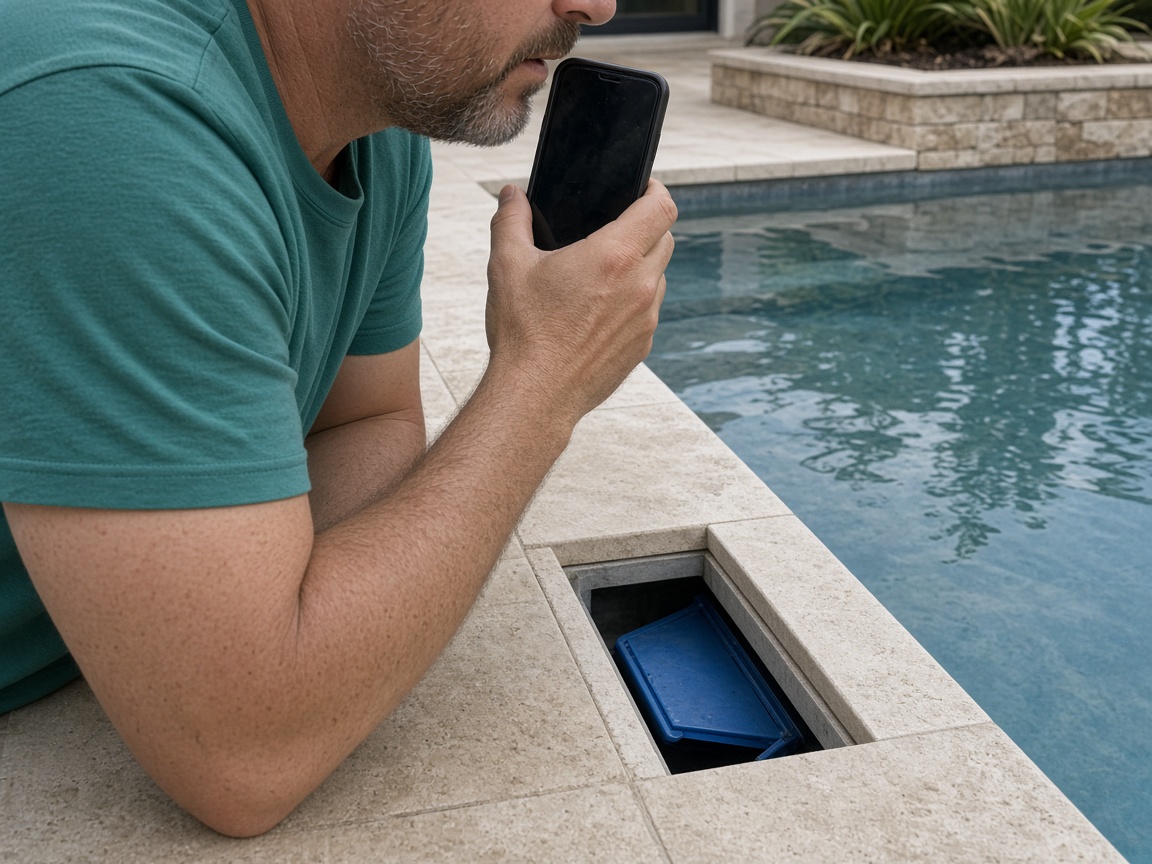 A technician speaking a note beside an open pool skimmer