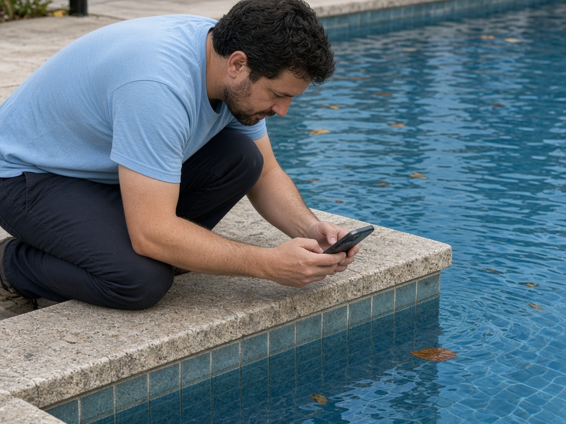 A technician photographing the waterline and a few leaves in a pool