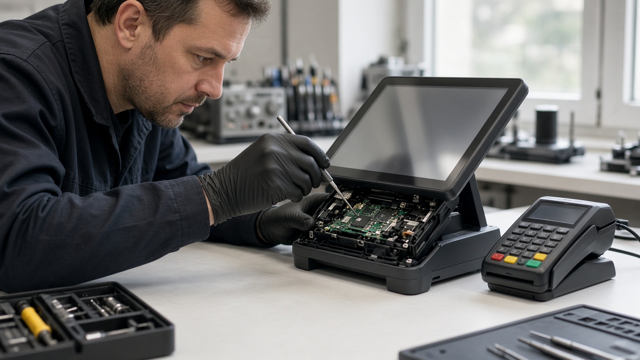Técnico diagnosticando un terminal POS táctil y lector de tarjetas en el banco