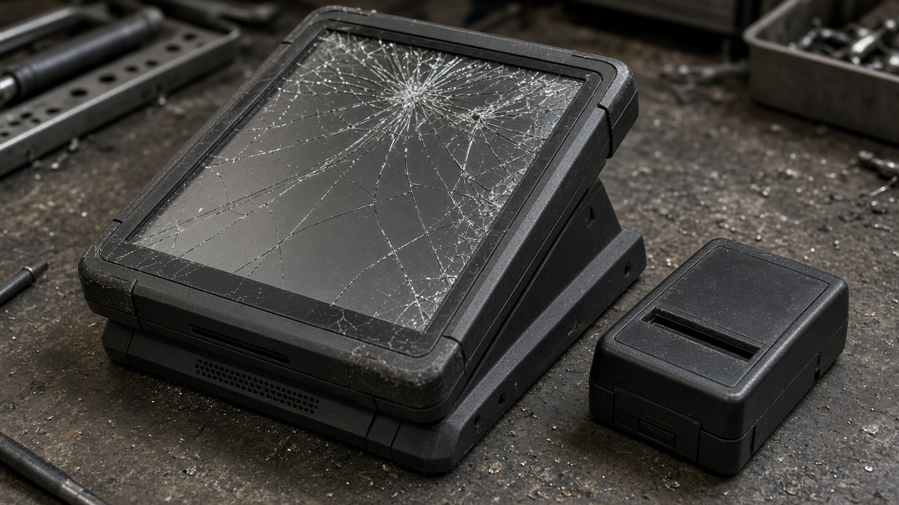 Pantalla POS agrietada y lector documentados para una cotización