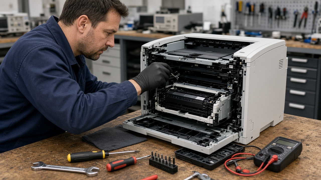 Technician servicing an open office laser printer on a repair bench