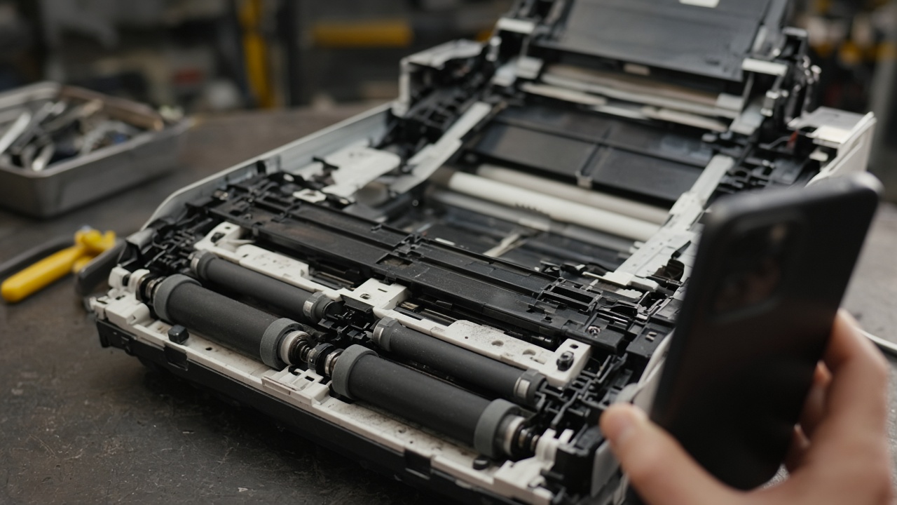 Printer rollers and open chassis documented for a service ticket