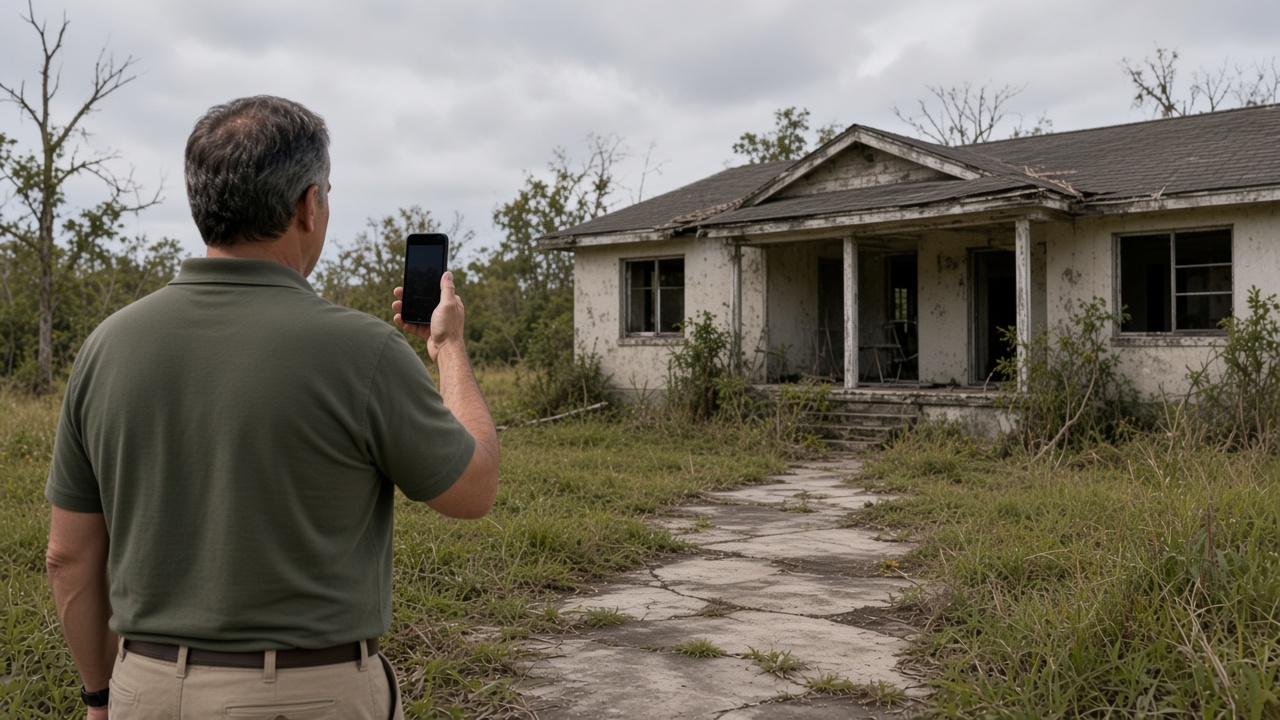 A field worker photographing a vacant house with an overgrown yard