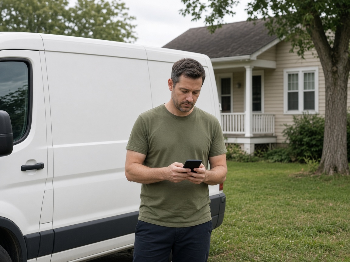 A worker checking his phone beside a plain work van at a vacant house