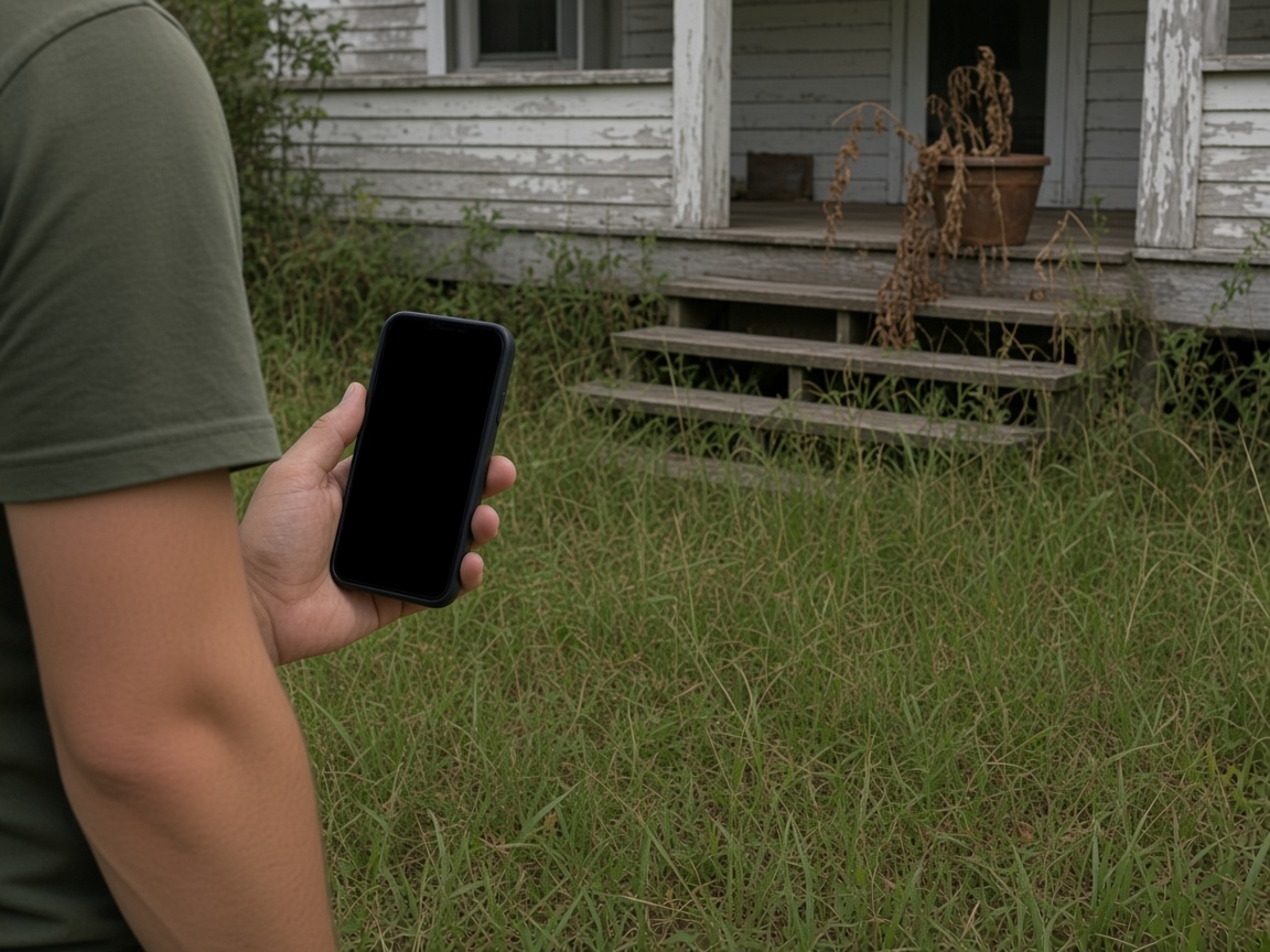 A worker photographing tall grass and a neglected vacant porch