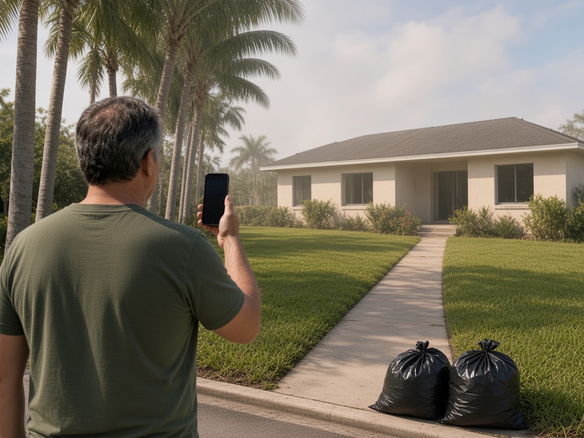 A worker photographing a freshly cut lawn and trash bags at a vacant house