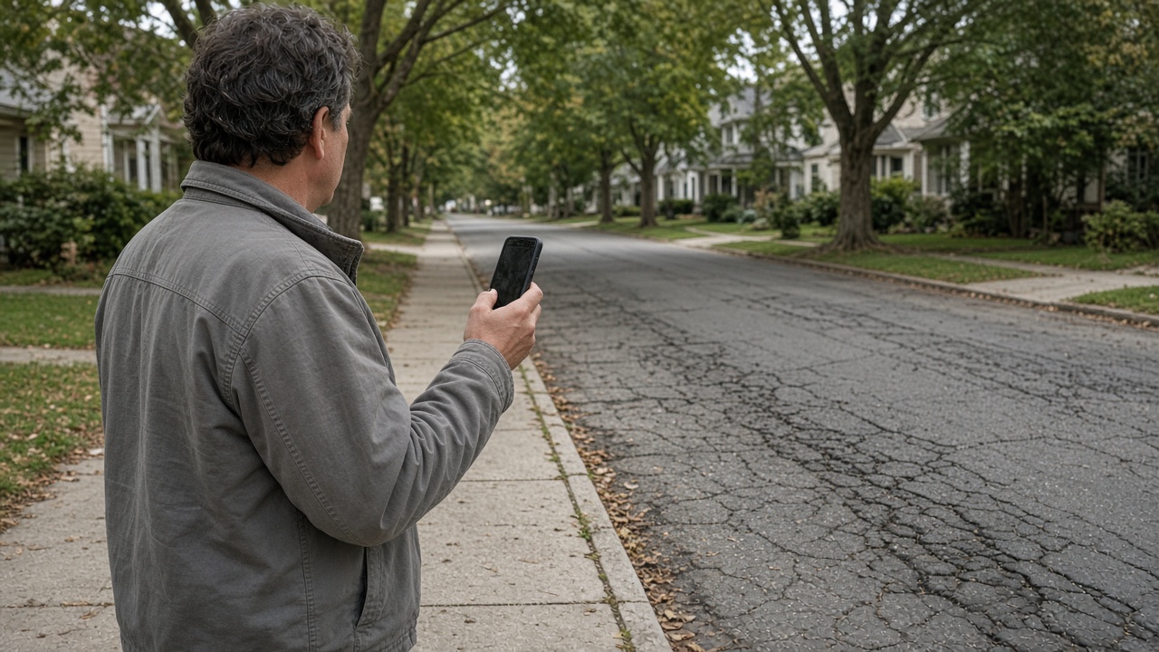 A crew member photographing a cracked residential street with a phone