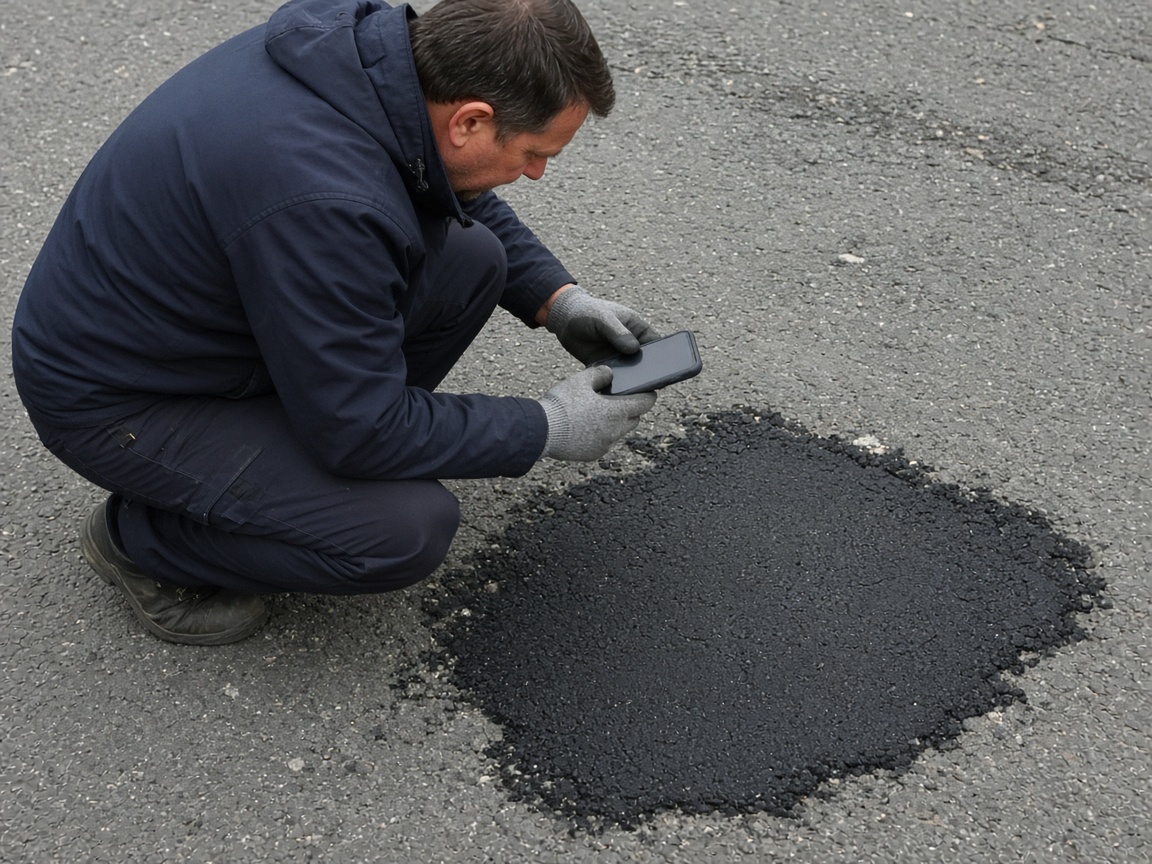 A worker photographing a fresh asphalt patch in an older road
