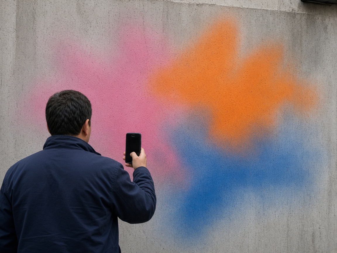 A worker photographing spray-painted color on a concrete wall