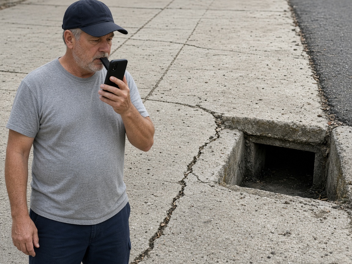 A worker speaking a note beside a cracked sidewalk and a storm drain