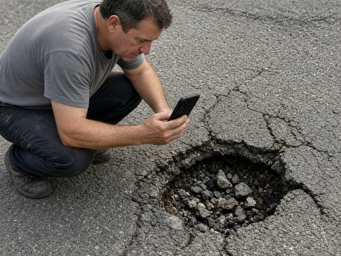 A worker photographing a deep pothole in cracked asphalt