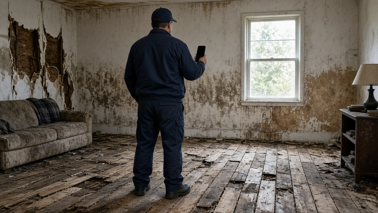 A restoration tech from behind, photographing a water-damaged living room with a buckled wood floor