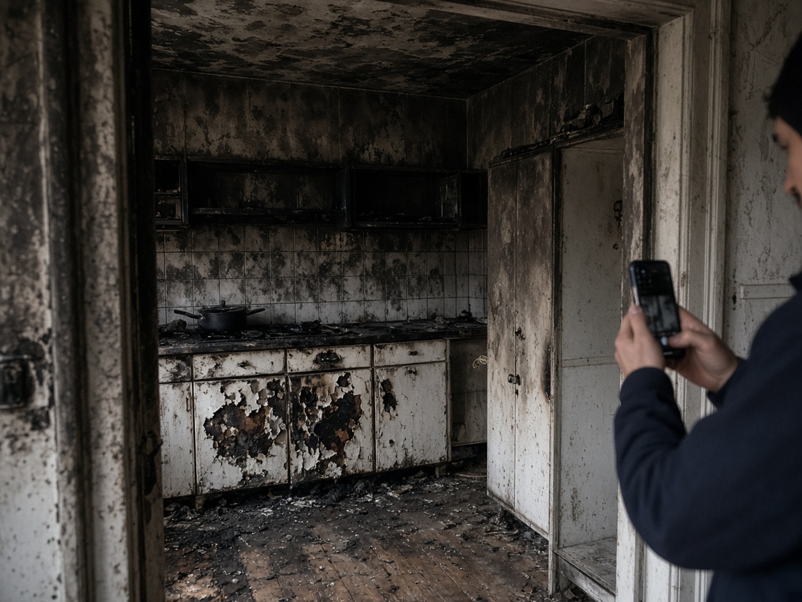 A person in a doorway photographing a soot-stained kitchen and a charred lower cabinet