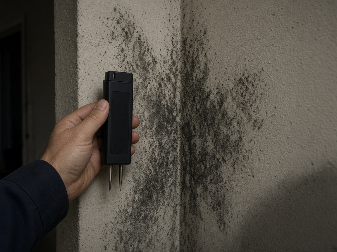 A technician’s gloved hand holding a meter beside mottled mold in a room corner