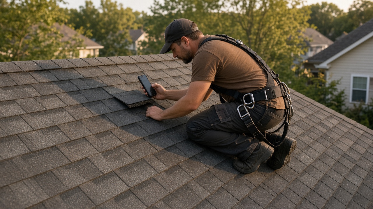 A roofer on a shingle slope photographing lifted shingles with a phone