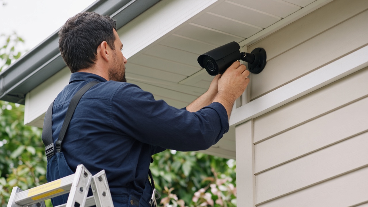 Technician mounting an outdoor security camera under an eave