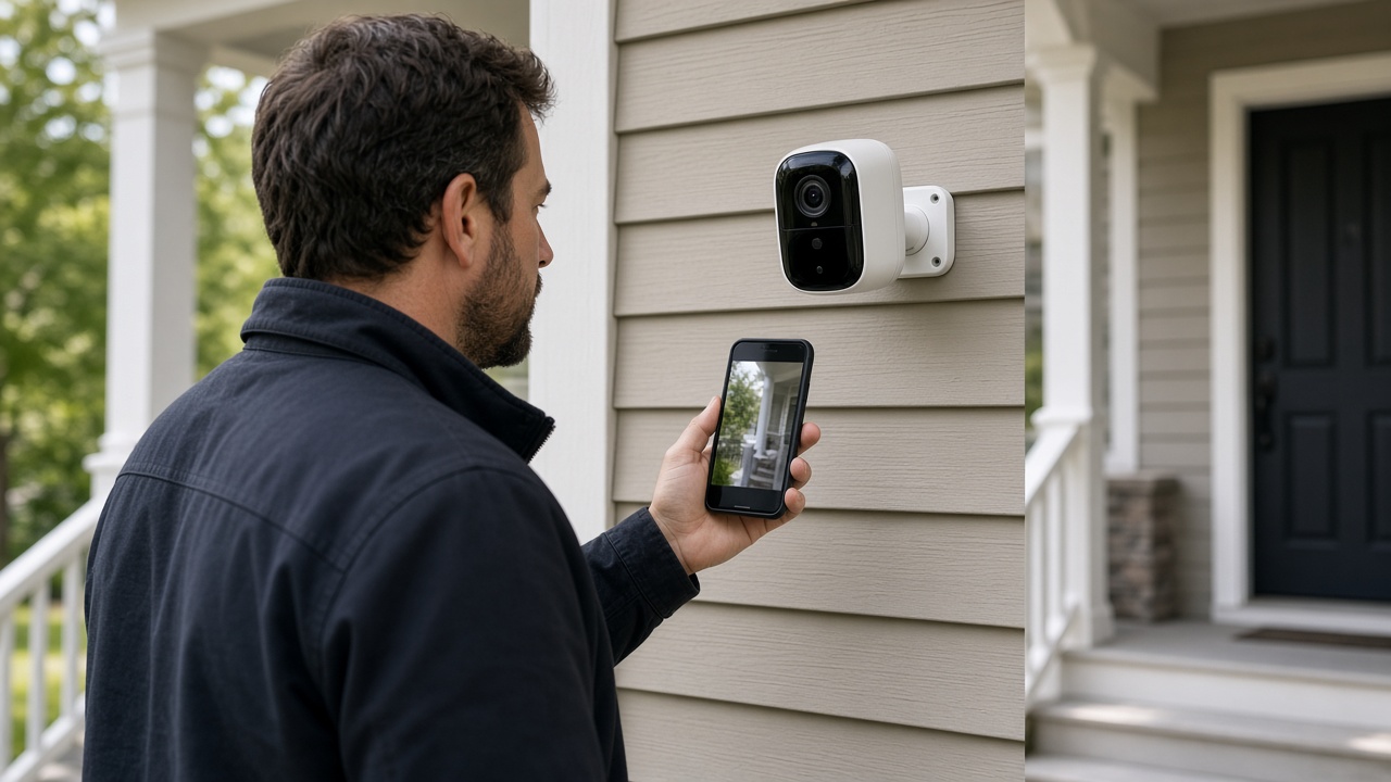 Installer testing a live camera view on a phone