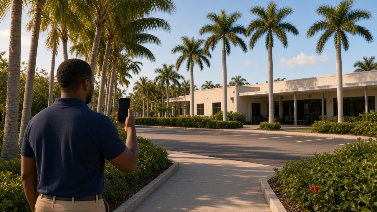 A private security officer photographing an office entrance and parking lot at the end of the day