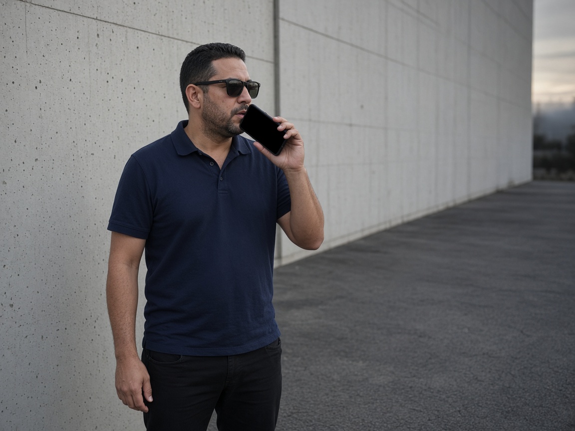 A security officer speaking a note into his phone beside a concrete wall