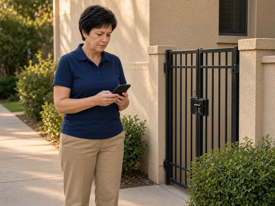 A security officer with her phone beside a locked gate at an apartment walkway