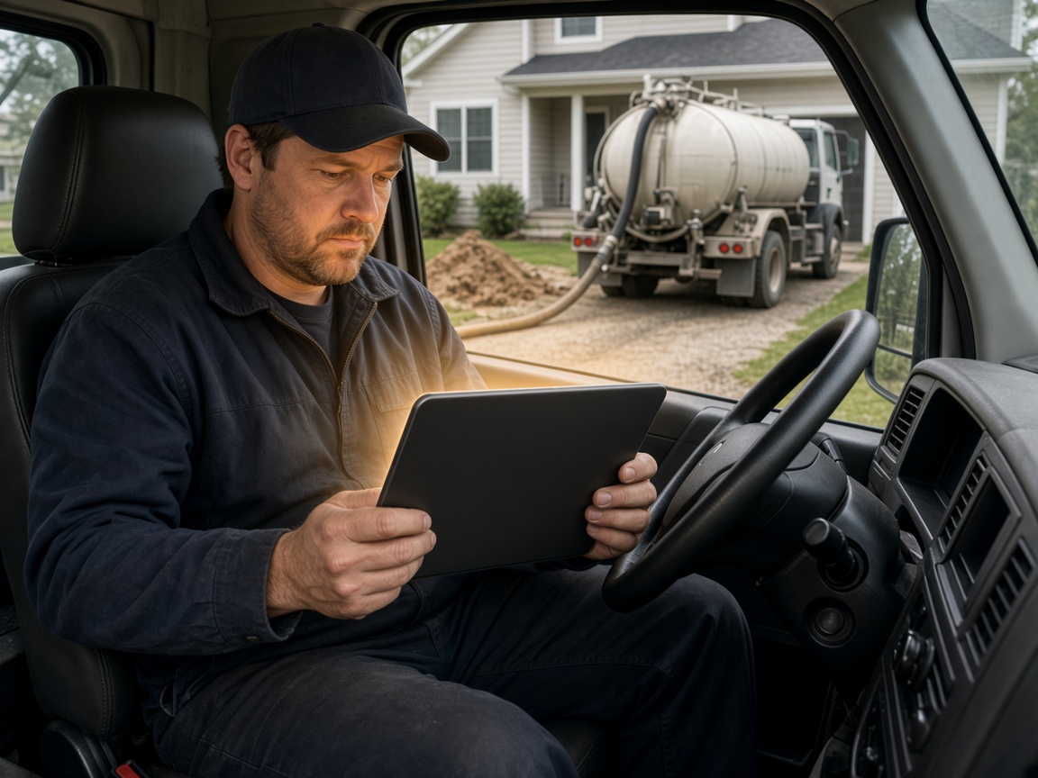 Septic technician reviewing an invoice on a tablet inside a service truck
